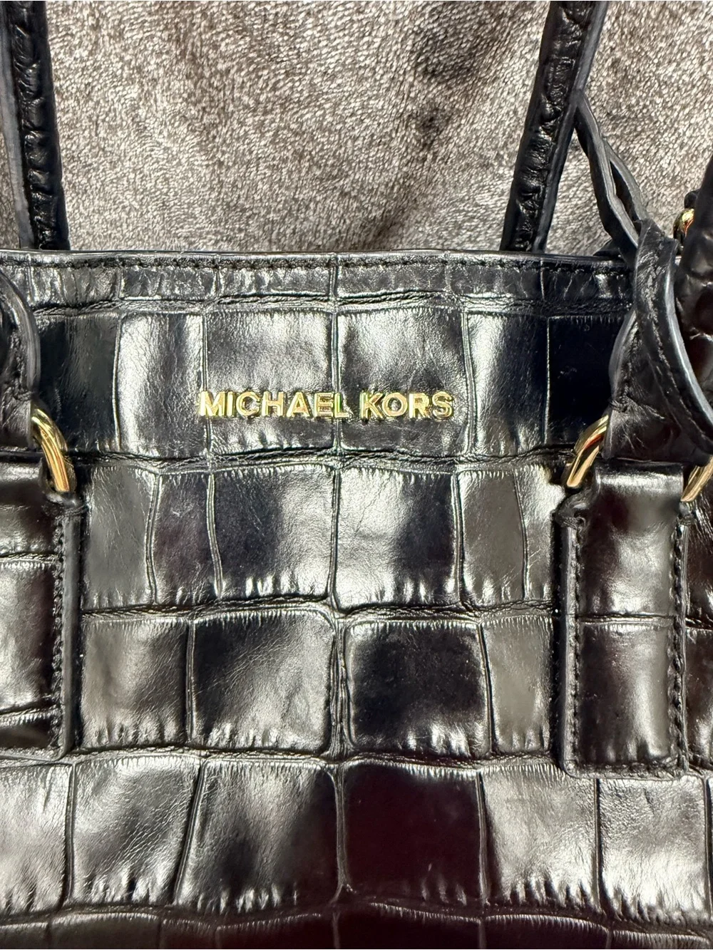 Michael Kors Black Croc-Embossed Leather Satchel with Strap